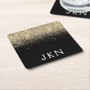 Gold Black Glitter Girly Name Initials Monogram Square Paper Coaster