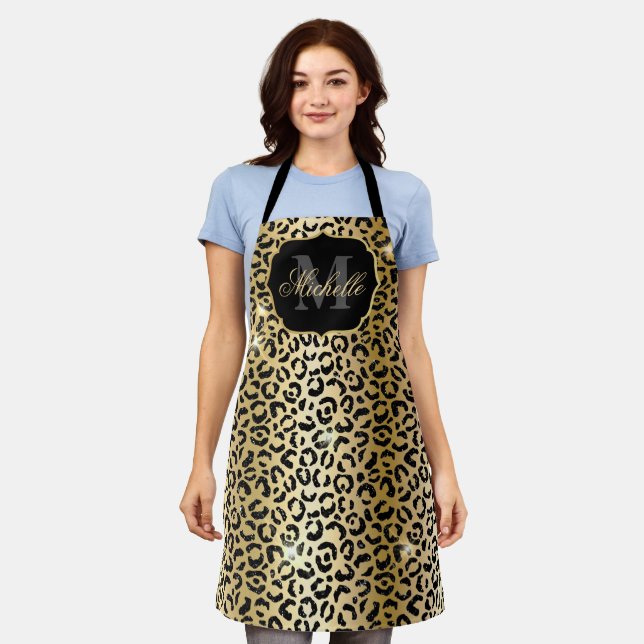 Gold & Black Glitter Glam Leopard Spots Print Apron (Worn)