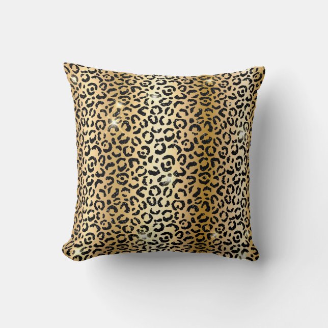 Gold & Black Glitter Glam Leopard Spots Print Throw Pillow (Front)