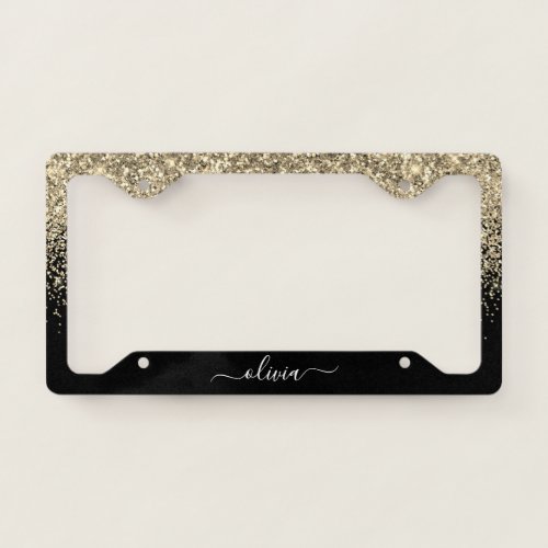 Gold Black Glitter Glam Monogram License Plate Frame