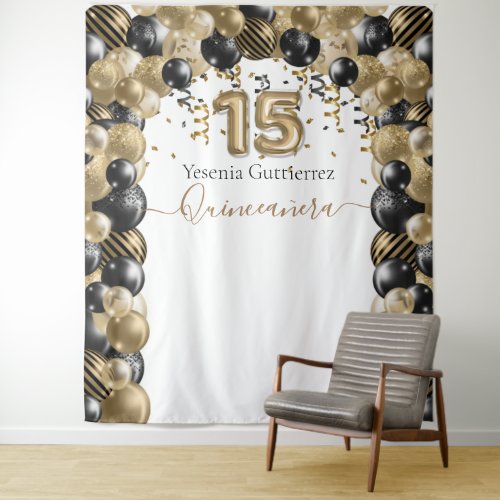 Gold Black Glitter Glam Quinceanera Balloon Tapestry