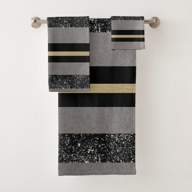 Gold Black Glitter Glam Stripes #1 (Faux Glitter) Bath Towel Set (Insitu)