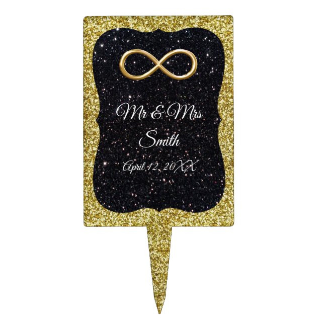 Gold Black Glitter Gold Infinity Wedding  Cake Topper (Front)