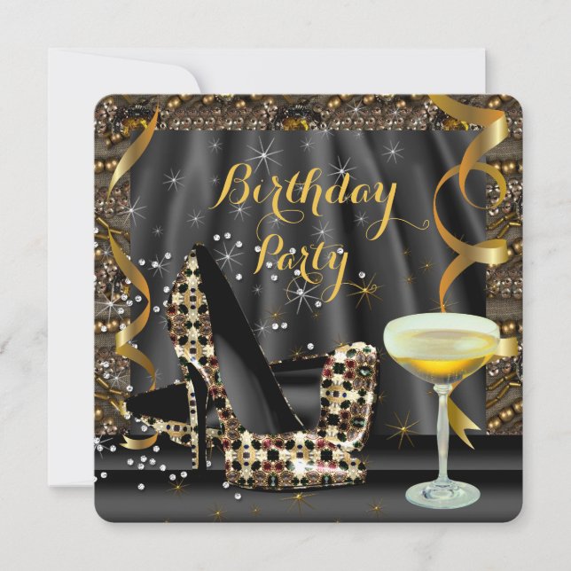 Gold Black Glitter High Heels Champagne Party Invitation (Front)