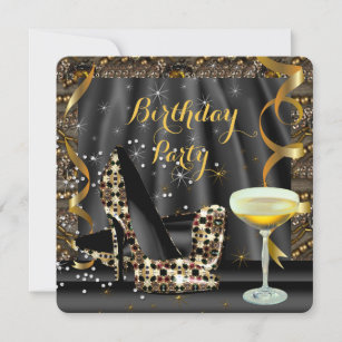 Gold Black Glitter High Heels Champagne Party Invitation