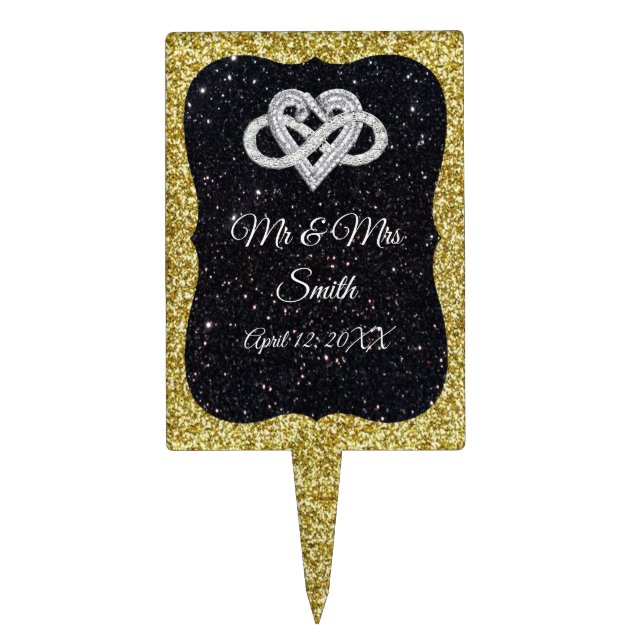 Gold Black Glitter Infinity Heart Wedding  Cake Topper (Front)