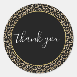 Gold Black Glitter Leopard Print Thank you   Classic Round Sticker
