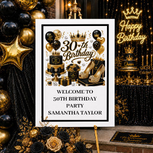 Gold Black Glitter Luxe 30th Birthday Poster