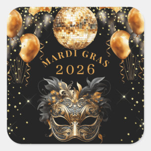 Gold Black glitter Mardi gras 2026 Square Sticker