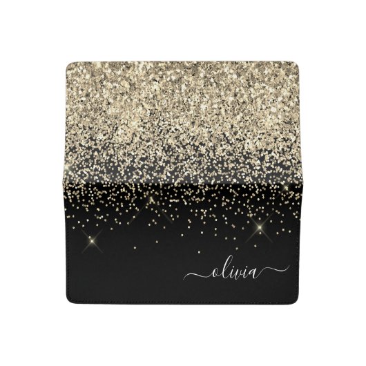 Gold Black Glitter Metal Monogram Name Checkbook Cover (Open)