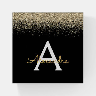 Gold Black Glitter Metallic Monogram Name Paperweight
