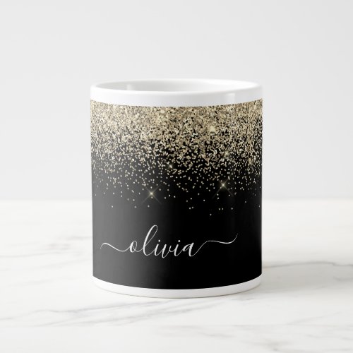Gold Black Glitter Modern Monogram Name Giant Coffee Mug