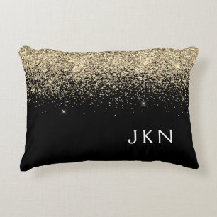 Gold Black Glitter Monogram Girly Initials Accent Pillow