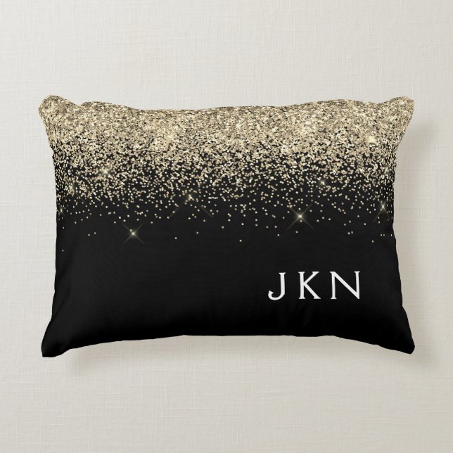 Gold Black Glitter Monogram Girly Initials Accent Pillow (Front)