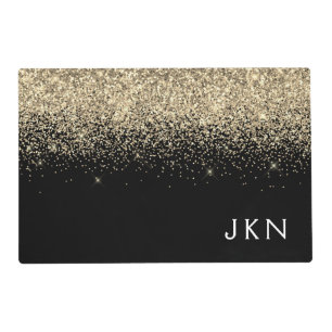 Gold Black Glitter Monogram Girly Initials Placemat