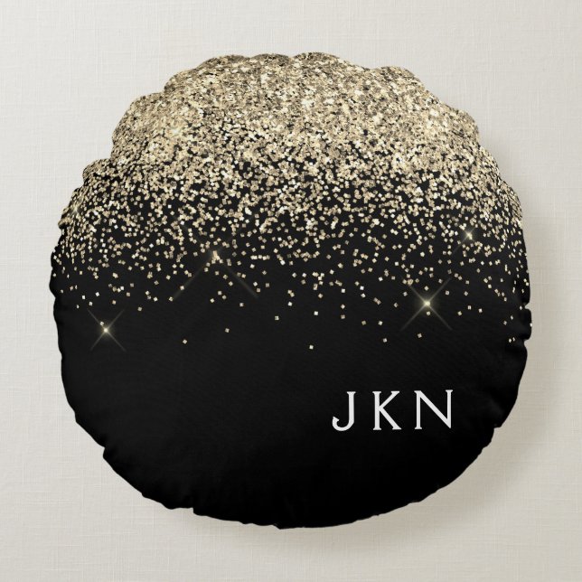 Gold Black Glitter Monogram Girly Initials Round Pillow (Front)
