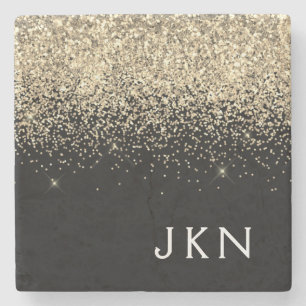 Gold Black Glitter Monogram Girly Initials Stone Coaster