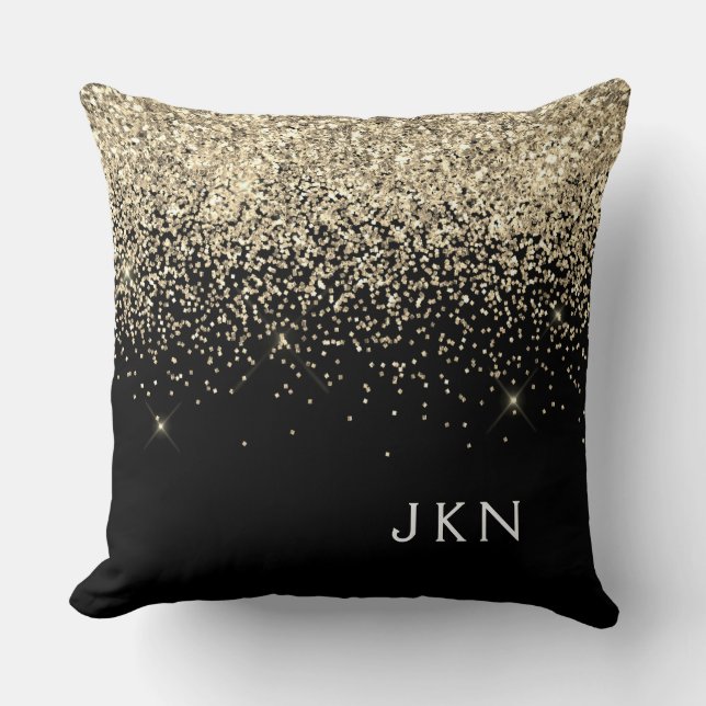 Gold Black Glitter Monogram Girly Initials Throw Pillow (Front)
