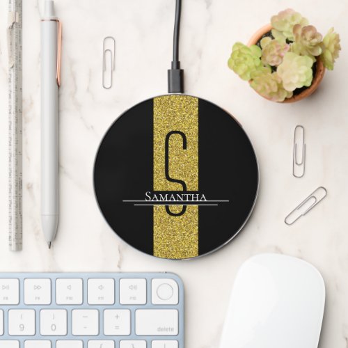 Gold Black Glitter Monogram Wireless Charger