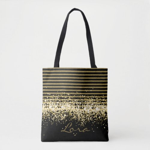 GOLD BLACK GLITTER PERSONALIZED LARGE TOTE BAG