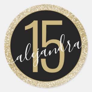 Gold Black Glitter Quince Años Favor Classic Round Sticker