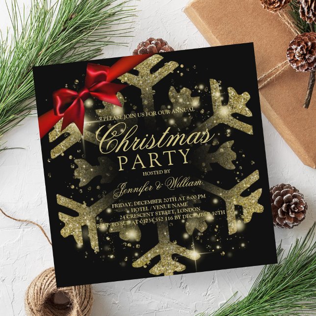 Gold Black Glitter & Ribbon | Xmas Holiday Party Invitation (Gold Black Glitter & Ribbon | Xmas Holiday Party Invitation)