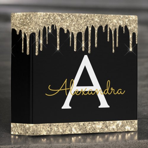 Gold Black Glitter Script Monogram Girly Name 3 Ring Binder