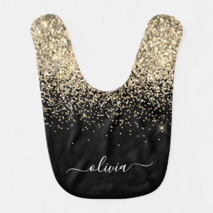 Gold Black Glitter Script Monogram Girly Name Baby Bib