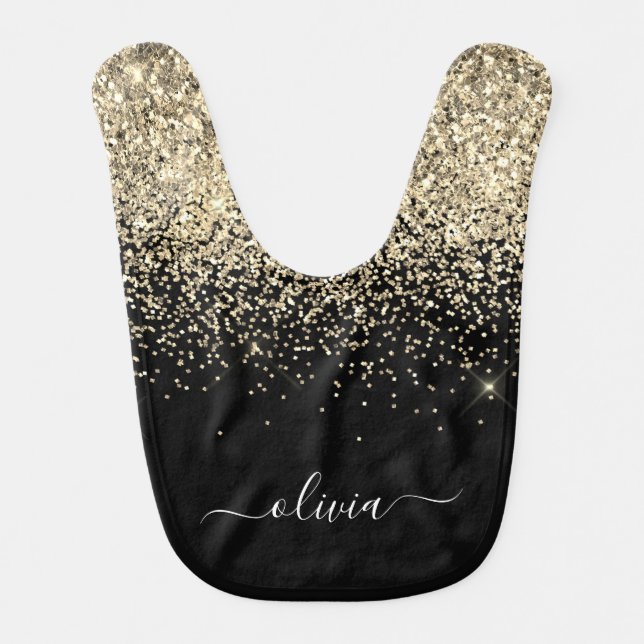 Gold Black Glitter Script Monogram Girly Name Baby Bib (Front)