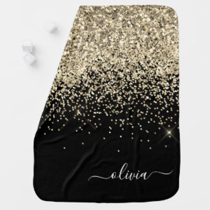 Gold Black Glitter Script Monogram Girly Name Baby Blanket
