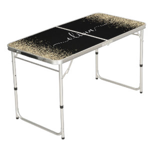Gold Black Glitter Script Monogram Girly Name Beer Pong Table