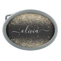 Gold Black Glitter Script Monogram Girly Name Belt Buckle