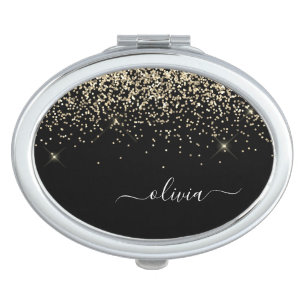Gold Black Glitter Script Monogram Girly Name Compact Mirror
