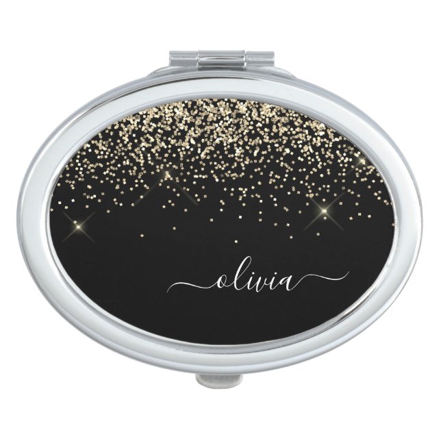 Gold Black Glitter Script Monogram Girly Name Compact Mirror (Front)