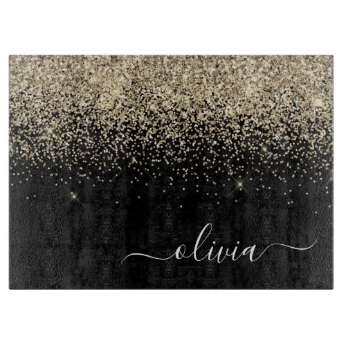 Gold Black Glitter Script Monogram Girly Name Cutting Board