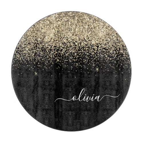 Gold Black Glitter Script Monogram Girly Name Cutting Board