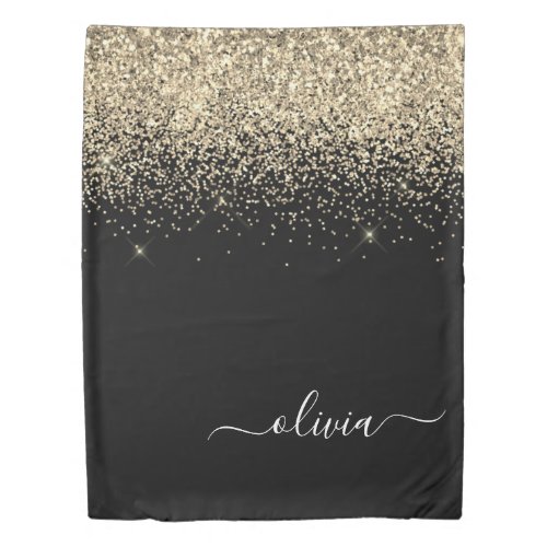 Gold Black Glitter Script Monogram Girly Name Duvet Cover