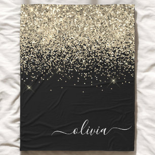 Gold Black Glitter Script Monogram Girly Name Fleece Blanket