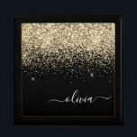 Gold Black Glitter Script Monogram Girly Name Gift Box<br><div class="desc">Black and Gold Sparkle Glitter script Monogram Name Jewelry Keepsake Box. This makes the perfect graduation,  birthday,  wedding,  bridal shower,  anniversary,  baby shower or bachelorette party gift for someone that loves glam luxury and chic styles.</div>