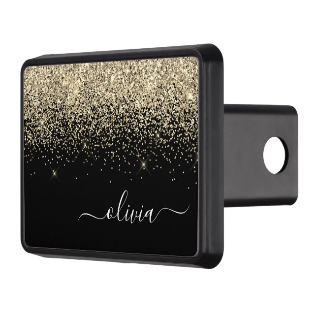 Gold Black Glitter Script Monogram Girly Name Hitch Cover (Left)