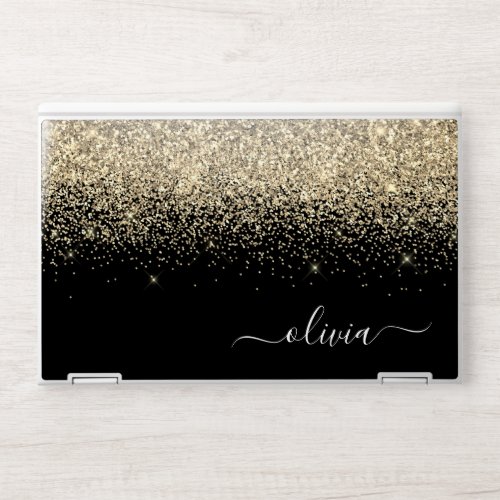 Gold Black Glitter Script Monogram Girly Name HP Laptop Skin