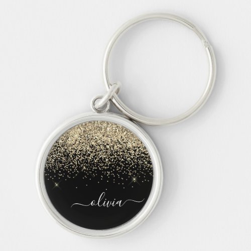 Gold Black Glitter Script Monogram Girly Name Keychain