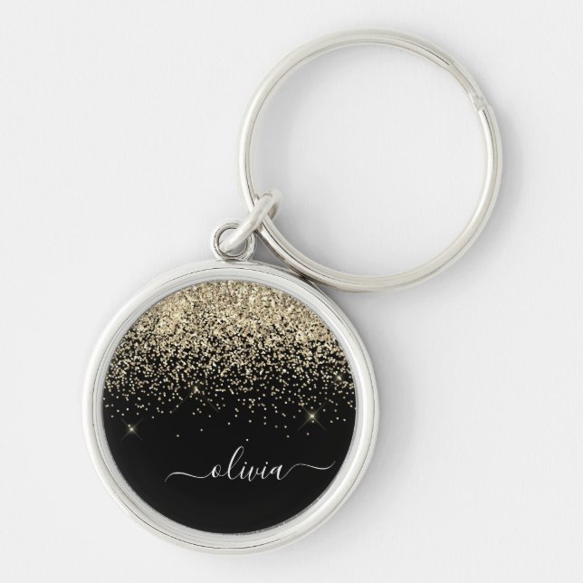 Gold Black Glitter Script Monogram Girly Name Keychain (Front)