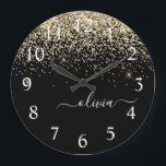 Gold Black Glitter Script Monogram Girly Name Large Clock<br><div class="desc">Black and Gold Sparkle Glitter Brushed Script Monogram Name Clock. This makes the perfect sweet 16 birthday,  wedding,  bridal shower,  anniversary,  baby shower or bachelorette party gift for someone that loves glam luxury and chic styles.</div>