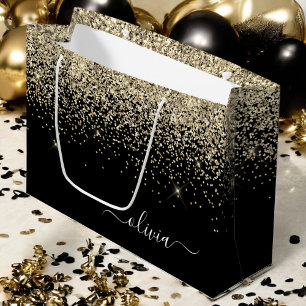 Gold Black Glitter Script Monogram Girly Name Large Gift Bag