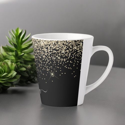 Gold Black Glitter Script Monogram Girly Name Latte Mug