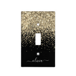 Gold Black Glitter Script Monogram Girly Name Light Switch Cover