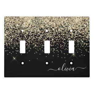 Gold Black Glitter Script Monogram Girly Name Light Switch Cover
