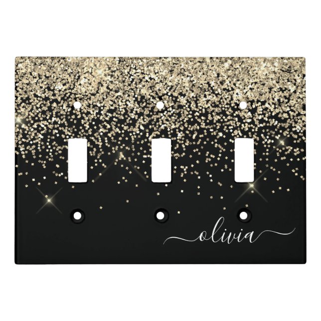 Gold Black Glitter Script Monogram Girly Name Light Switch Cover (Front)