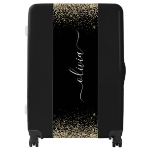 Gold Black Glitter Script Monogram Girly Name Luggage